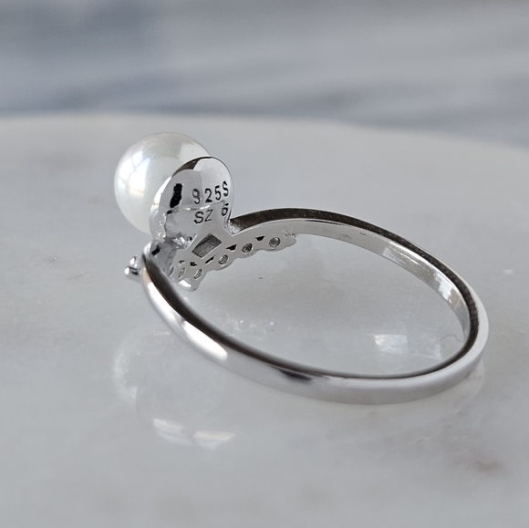 Dainty Pearl Wishbone Ring, 925 Sterling Silver Charmed Aroma - Picture 7 of 8